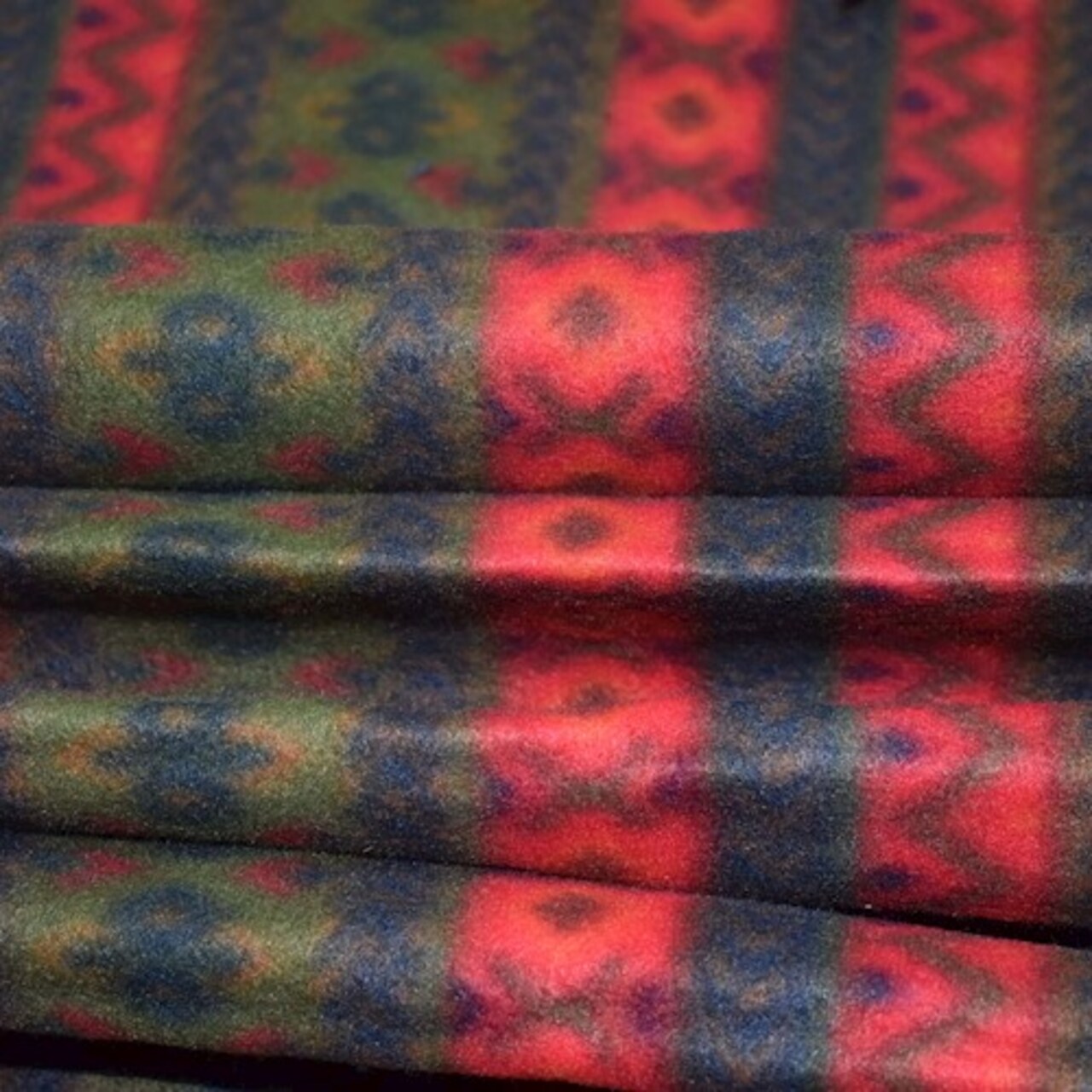 Red/Army Green/Multi Patterned Stripe Bonded Fleece Knit Fabric By the Yard